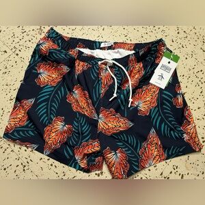 Original Penguin Men's Hybrid Shorts - Navy with Orange and Green Leaf Print